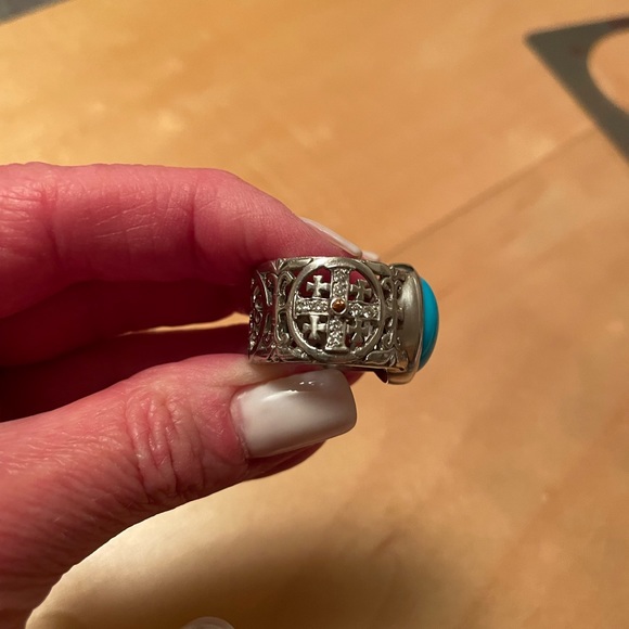 Stunning Vintage Loree Rodkin Turquoise, Platinum & Diamond Cigar Band Ring - Picture 6 of 6